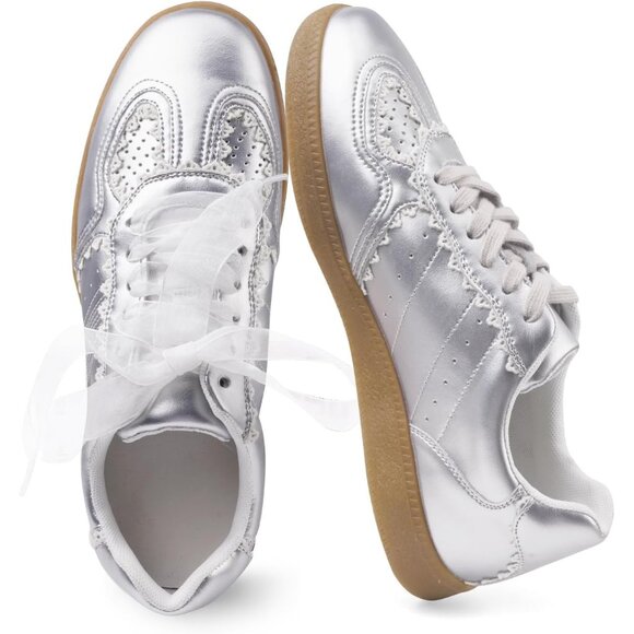 Women's Silver Casual Crochet Ribbon Ballet Trendy Cute Spring Sneakers Shoes - Picture 1 of 4